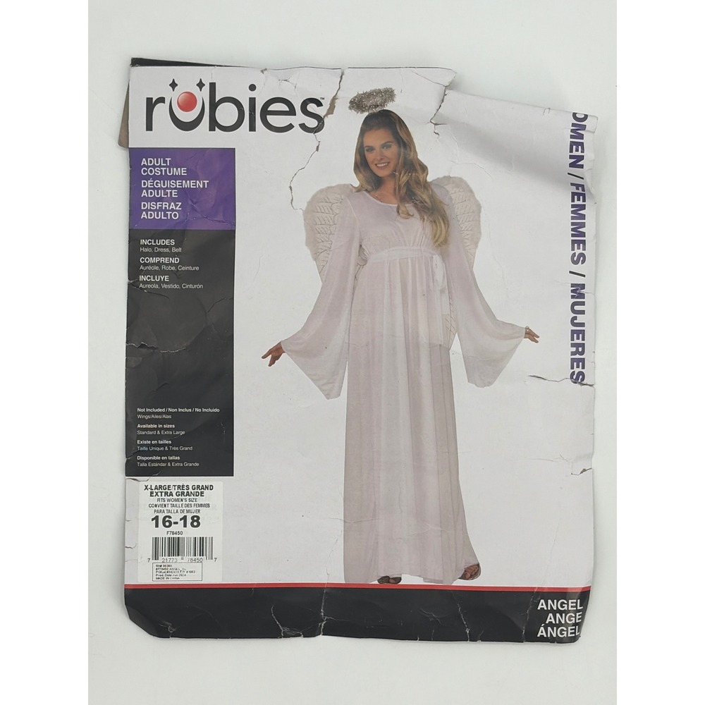 Rubies Angel Adult Costume White Dress Belt Halo Set XL 16-18 F78450 Halloween